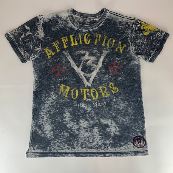 Affliction Motors White Black Burnout Short Sleeve Shirt Mens Large READ - Picture 1 of 8